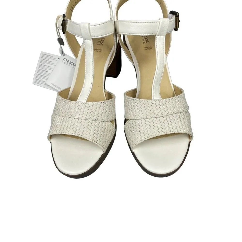 Geox Annya Mid Sandals Block Heel T Strap White SZ 40 EU 10 US NIB